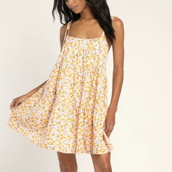 Lulus Dresses & Skirts - Lulu's yellow sweet pea style orange floral shoulder tie tiered mini sundress